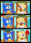 absurd_res anthro avian bird blue_body bubba_bubbaphant chicken collar comic duo elephant elephantid galliform green_eyes hi_res kickinchicken male mammal mob_entertainment phasianid poppy_playtime proboscidean rocketlennon smiling_critters spanish_text studying text translated yellow_body