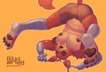 animatronic butt butt_focus canid canine claws embarrassed feet five_nights_at_freddy's foot_focus fox foxy_(fnaf) fur hi_res kadedrawz looking_at_viewer machine male male/male mammal metallic_body nipple_piercing nipples pawpads paws piercing red_body red_fur robot scottgames slightly_chubby solo toe_claws upside_down