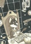 anthro book bottle canid canine canis chair cinnamon_bun clock container cup domestic_dog food furniture greyscale hi_res holding_container holding_cup holding_mug holding_object husky koiyaroid male mammal monochrome mug nordic_sled_dog on_chair pastry photo plate scarf sitting sitting_on_chair solo spitz star teapot