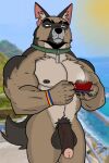 2025 anthro anthrofied areola balls beverage big_balls big_penis biped black_balls black_nipples black_penis bracelet brown_body brown_fur brutus_(pixie_and_brutus) canid canine canis coffee_mug collar container cup domestic_dog eye_scar facial_scar flaccid fur fur_markings genitals german_shepherd glans green_collar grey_body grey_fur half-closed_eyes herding_dog hi_res holding_beverage holding_object humanoid_genitalia humanoid_penis ivan_the_artist jewelry lgbt_pride looking_at_viewer male male_anthro mammal markings mixed_media multicolored_body multicolored_fur muscular muscular_anthro muscular_male narrowed_eyes nipples nude outside pastoral_dog pecs penis photo_background photography_(artwork) pixie_and_brutus pubes scar six-stripe_rainbow_pride_colors solo standing tail tea_cup vein veiny_penis