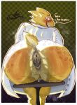 2026 absurd_res alphys anal_fluids anthro anus artist_logo big_anus big_butt biped blush blush_lines blushing_profusely bodily_fluids body_blush border bottomless bottomless_anthro bottomless_female butt butt_blush cartoonwizzard clothed clothed_anthro clothed_female clothing coat darkened_anus dialogue digital_media_(artwork) dotted_background dripping english_text eyebrows female female_anthro furniture genital_fluids genitals heart_symbol hi_res huge_butt lab_coat lab_coat_only light lighting logo looking_at_viewer looking_back looking_back_at_viewer musk musky_butt non-mammal_vulva on_stool open_mouth outside_border oversized_clothing oversized_topwear partial_speech_bubble pattern_background puffy_anus rear_view reptile scales scalie short_tail simple_background sitting sitting_on_stool solo speech_bubble stool sweat sweaty_butt tail teeth text topwear topwear_only undertale_(series) vaginal_fluid_drip vaginal_fluids ventral_scales vulva white_border white_clothing white_lab_coat white_topwear yellow_body yellow_scales yellow_tail