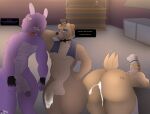 absurd_res afro anthro avian bear bird blue_eyes bodily_fluids bonnie_(fnaf) bow_ribbon brown_body chef_hat chica_(fnaf) chicken cigarette cigarette_box clothing cum cum_in_ass cum_inside dialogue dreadlocks el_bontastic_(photolol.03) el_chico_(photolol.03) english_text female fingerless_gloves five_nights_at_freddy's freddy_(fnaf) galliform genital_fluids gloves group hair hair_over_eyes hand_on_hip handwear hat headgear headwear hi_res kitchen lagomorph leporid male mammal mr._alfredo_(photolol.03) muscular muscular_anthro muscular_male phasianid photolol.03 purple_body rabbit rear_view scottgames simple_background text top_hat towel towel_around_neck trio