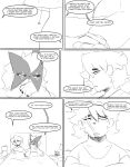 absurd_res anthro bed bedroom clothing comic covering covering_mouth dialogue duo english_text facial_hair facial_scar female furniture generation_9_pokemon hand_holding hi_res human lamp looking_up male mammal meowscarada monochrome nightstand nintendo pokemon pokemon_(species) scar shirt spicykiwi story talking_to_another text thomas_(spicykiwi) topwear tulip_(spicykiwi)