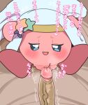 2025 bedding bedding_background blue_eyes blush blush_lines chibi clothing dialogue digital_drawing_(artwork) digital_media_(artwork) duo featureless_feet featureless_hands feet female first_person_view genitals glans half-closed_eyes headgear headwear high-angle_view human human_pov humanoid_genitalia humanoid_penis imminent_sex interspecies japanese_text kirby kirby_(series) looking_at_genitalia looking_at_penis male male/female male_pov mammal monotone_body narrowed_eyes nintendo penis pink_body prodding rinrin_(pixiv) shaded soft_shading teasing text throbbing throbbing_penis vulva waddling_head