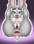 anthro anus areola breasts buckteeth disney eyelashes female gaping gaping_anus genitals hi_res judy_hopps lagomorph leporid looking_at_viewer lying mammal navel nipples nude on_back open_mouth open_smile pink_anus pink_areola pink_nipples pink_nose pink_vulva purple_background purple_eyes rabbit simple_background smile solo teeth thick_thighs vulva wide_hips xenrevv zootopia