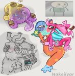 absurd_res anthro arcorina big_blue_bubble clitoral clitoral_rubbing clothed clothing clothing_lift erma_gurdy female female/female genitals group hi_res humanoid illoost multi_limb my_singing_monsters nakeilyar owlesque sex vulva