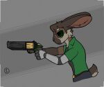 animated anthro black_undershirt blue_bottomwear blue_clothing blue_pants bottomwear brown_body brown_fur brown_hair cheek_tuft chin_tuft clothing countershade_face countershading darlan_bunnit darli_buni digital_media_(artwork) eyebrows eyewear facial_tuft fingers firing_weapon fur glasses green_clothing green_eyes green_shirt green_topwear gun hair handgun holding_object holding_weapon lagomorph leporid loop male mammal muzzle_flash pants pivoted_ears prosthetic prosthetic_arm prosthetic_limb rabbit ranged_weapon revolver scut_tail shirt short_tail simple_background solo tail topwear tuft undershirt weapon