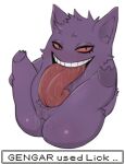 2026 animal_ears arm_tuft autocunnilingus big_tongue blush blush_lines bodily_fluids butt cheek_tuft elbow_tuft facial_tuft female generation_1_pokemon gengar genitals glistening glistening_butt head_tuft hewa hi_res leg_grab legs_up looking_at_viewer masturbation nintendo open_mouth open_smile oral oral_masturbation paws pokemon pokemon_(species) pubic_fuzz pupils purple_body purple_vulva red_sclera saliva saliva_on_butt saliva_on_face saliva_on_tongue saliva_on_vulva simple_background sitting slit_pupils smile solo spread_legs spreading text_box tongue tongue_out tuft vaginal vaginal_masturbation vulva
