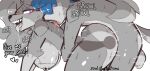 anthro arched_back arms_around_partner balls big_breasts big_butt blue_hair blush blush_lines bodily_fluids breasts butt canid canine canis countershading cum_request drooling duo english_text female from_behind_position fur genitals grey_body grey_fur grey_hair growling hair heart_eyes heart_symbol licking loco_(zoul_illustration) looking_back male male/female mammal motion_lines nipples open_mouth penis penis_silhouette purple_eyes saliva sex squish sweat tail_around_partner teeth text thick_thighs tongue tongue_out wolf zoul zoul_illustration
