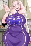 absurd_res age_difference anthro belly big_breasts blue_eyes boss_monster_(undertale) bovid breasts caprine clothed clothed_anthro clothed_female clothing colored curvy_figure deep_navel detailed_background deusvulpes digital_drawing_(artwork) digital_media_(artwork) eyelashes female female_anthro fupa fur gesture goat hand_gesture hi_res horn long_ears looking_at_viewer mammal mature_anthro mature_female navel navel_outline older_female open_mouth overweight overweight_anthro overweight_female smile smiling_at_viewer solo thick_thighs toriel undertale undertale_(series) voluptuous white_body white_fur wide_hips