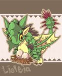 2013 ambiguous_feral ambiguous_gender belly bone capcom chibi claws digitigrade dragon egg european_mythology feral full-length_portrait green_body green_scales incubation looking_down membrane_(anatomy) membranous_wings monster_hunter mukomizu_kintora mythological_creature mythological_scalie mythology nest outline portrait protective rath_wyvern rathian scales scalie simple_background solo species_name spiked_tail spikes spikes_(anatomy) standing tail tan_outline text western_dragon wing_claws wings wyvern yellow_eyes