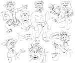 allcaps ambiguous_fluids anime_style anthro antlers black_and_white bottomwear briefs bucket bulge canid canine canis cargo_shorts clothed clothing collar collared_shirt container darwin_(tinydeerguy) deer domestic_dog dress_shirt eyebrows footwear gesture group hand_gesture hi_res holding_clothing holding_object holding_underwear horn human humor male mammal matt_riskely monochrome muscular muscular_male navel nipples open_mouth open_smile polo_shirt pun shirt shorts simple_background sketch smile socks speech_bubble thick_eyebrows thong tinydeerguy toeless_footwear toeless_socks toony topless topless_anthro topless_male topwear underwear v_sign white_background