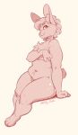 absurd_res anthro breasts covering covering_breasts deep_navel female hand_on_breast hi_res kirikatt lagomorph leporid mammal medium_breasts navel overweight overweight_anthro overweight_female rabbit slightly_chubby solo spots spotted_hips spotted_shoulders thick_thighs wide_hips