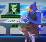 >:( 2026 annoyed anthro beak blue_body canid canine canis chest_tuft clothed clothing crossed_legs dialogue digital_drawing_(artwork) digital_media_(artwork) digitigrade duo english_text eye_patch eyewear falco_lombardi feet green_eyes hi_res jumpsuit male mammal markings nintendo red_markings seachord shirt sitting space speech_bubble star_fox tablet talons tank_top text toes topwear tuft winged_arms wings wolf wolf_o'donnell