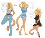 2025 accessory adjusting_hair anthro barefoot belt black_clothing black_dress blonde_hair blue_eyes blush bottomwear breasts cheese_quesadilla clothing corablue dialogue dress english_text feet felid female hair hair_accessory hairclip hi_res mammal pants pattern_clothing pattern_shirt pattern_topwear shirt sitting smile solo striped_clothing striped_shirt striped_topwear stripes tail text topwear