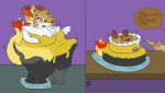 4_fingers animate_inanimate anthro braixen cake_transformation candle canid english_text eyewear fingers food food_creature food_transformation fur generation_6_pokemon glasses goo_creature goo_transformation hi_res inanimate_transformation living_cake mammal melting nintendo offscreen_character overweight overweight_anthro pokemon pokemon_(species) signature simple_background species_request speech_bubble text transformation transformation_sequence weight_gain wojtekgoosly