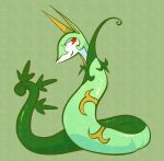 2023 ambiguous_feral ambiguous_gender apode blush blush_lines closed_smile colored curled_tail eyelashes feral full-length_portrait generation_5_pokemon green_background green_body green_markings hi_res leaf legless looking_away looking_down markings momensarada mouth_closed multicolored_body multicolored_skin nintendo pokemon pokemon_(species) portrait pupils red_eyes serpentine serperior simple_background slit_pupils smile snout solo tail two_tone_body two_tone_skin white_sclera yellow_ears yellow_markings