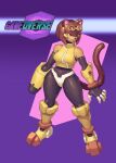 2026 5_fingers absurd_res android anthro arm_cannon armor armwear bare_shoulders belt bodysuit boots bracers brown_hair capcom claws clothing domestic_cat elbow_gloves felid feline felis female finger_claws fingerless_gloves fingers footwear fur gameoverse glitch_productions gloves hair halter_top handwear headgear helmet hi_res kit_bodega logo machine magenta_eyes mammal mecha_musume mega_man_(series) mega_man_zero pseudo_hair purple_background ranged_weapon redesign redustheriotact reploid robot shoes short_hair simple_background skinsuit solo standing style_emulation tail tan_body tan_fur thick_thighs tight_clothing topwear vest weapon weapon_arm wide_hips
