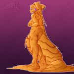 1:1 after_transformation animate_inanimate anthro canid canid_demon canine demon digital_media_(artwork) female food food_creature food_transformation goo-connected_lips goo_creature goo_transformation hellaverse hellhound helluva_boss hi_res honey_(food) inanimate_transformation loona_(helluva_boss) mammal melting mythological_canine mythological_creature mythology nude simple_background solo transformation warffle