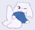 2026 anthro anus biped blue_clothing blue_sweater blue_topwear blush bodily_fluids bottomless bottomless_anthro bottomless_female cave_story chibi clitoral clitoral_rubbing clothed clothed_anthro clothed_female clothing digital_drawing_(artwork) digital_media_(artwork) digitigrade female female_anthro flat_colors floppy_ears fur fur_tuft genitals grey_background head_tuft heart_symbol hearts_around_head innie_vulva kit_(artist) lagomorph looking_at_viewer lop_ears mammal masturbation mimiga monotone_body monotone_fur nose_scar one_eye_closed one_leg_up open_mouth raised_leg simple_background solo sue_sakamoto sweat sweater three-quarter_view topwear tuft vaginal vaginal_masturbation vulva white_body white_fur