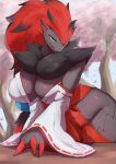 anthro asian_clothing big_breasts black_body black_fur breasts canid canine claws clothed clothing east_asian_clothing female female_anthro fur generation_5_pokemon grey_body grey_fur hair hi_res japanese_clothing kimono looking_at_viewer mammal neck_tuft nintendo plache6 pokemon pokemon_(species) solo tuft zoroark