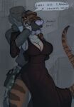 anthro bdsm black_clothing black_dress bondage bound breasts brown_body chloroform clothing dinosaur dress duo english_text female formal_wear grabbing_from_behind hi_res male matilda_(raphael) non-mammal_breasts prehistoric_species reptile saurischian scalie speech_bubble spiritalpha story story_in_description striped_body stripes struggling tail text theropod tyrannosaurid tyrannosauroid tyrannosaurus tyrannosaurus_rex