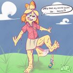 1:1 4_fingers 4_toes animal_crossing anthro beverage canid canine canis clothed clothing confusion digital_media_(artwork) domestic_dog feet female fingers food food_creature food_transformation foot_focus goo_creature goo_transformation hi_res implied_transformation isabelle_(animal_crossing) mammal melting nintendo smoothie solo speech_bubble standing toes transformation warffle yellow_body