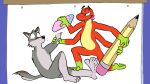 2021 4_arms 4_fingers 4_toes amphibian anthro belly bent_leg biped black_eyes black_nose brown_ears canid canine canis casual_nudity cheek_tuft colored coyote digital_drawing_(artwork) digital_media_(artwork) duo eraser erasing facial_tuft feet fingers flat_colors floating_eyebrows foot_fetish foot_on_another foot_on_leg frog fur gloves_(marking) green_body green_feet green_hands green_scales grey_belly grey_body grey_fur half-closed_eyes head_tuft hex_(hexadoodle) hexadoodle hi_res holding_eraser holding_object holding_pencil humanoid_feet humanoid_hands humanoid_heel knee_tuft knee_up kneeling leg_markings leg_tuft lines_drawn male mammal markings multi_arm multi_limb multicolored_body multicolored_fur multicolored_scales narrowed_eyes nude on_one_knee pencil_(object) plantigrade red_body red_scales scales scarf serling_(serling) sitting smile smiling_at_another smirking_at_another socks_(marking) soles toes tongue tongue_out toony tuft two_tone_body two_tone_fur white_sclera yellow_belly yellow_scarf