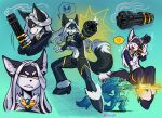 absurd_res action_pose aiming_weapon amber_eyes angry anthro black_body bullet_casing canid canine canis chain clothing female footwear gatling_gun gloves gold_(metal) gold_chain gun gun_arm gun_smoke hair hand_on_arm handwear heart_symbol hi_res high_heels holding_object holding_weapon jackal kneeling lacandyf legwear lena_the_jackal long_hair machine_gun mammal minigun multicolored_body muzzle_flash on_one_knee pointy_ears pose ranged_weapon shoes shooting skull_symbol smile smoke smoking_gun solo speech_bubble thigh_highs topwear two_tone_body weapon weapon_arm white_body white_hair