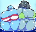 2025 absurd_res anthro asymmetrical_breast_frottage belly big_belly big_breasts bikini black_hair blue_body blue_hair breast_squish breasts breasts_frottage cleavage clothed clothing dewbber dewott duo eyewear female generation_5_pokemon gesture goggles green_bikini green_clothing green_swimwear hair hi_res huge_breasts huge_thighs hyper hyper_breasts hyper_thighs nintendo outline partially_submerged pattern_clothing pokemon pokemon_(species) red_one-piece_swimsuit saber_wottson shelly_(shellydadewwy) shrug squish striped_clothing striped_one-piece_swimsuit stripes swimming_goggles swimwear thick_thighs two-piece_swimsuit water wet wet_body white_outline
