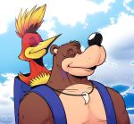 anthro at_peace avian backpack banjo-kazooie banjo_(banjo-kazooie) bear big_nose bird blue_backpack breegull brown_body brown_fur cabezilla charlie's_inferno duo excuse_me_sir_(meme) fang_necklace feathers female feral fur hair hi_res kazooie male male/female mammal meme microsoft rareware red_body red_feathers red_hair smile the_boys_(series) xbox xbox_game_studios yellow_body yellow_feathers