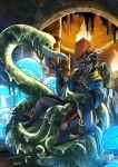 2025 anthro athletic athletic_anthro athletic_male balls barely_visible_balls barely_visible_genitalia blue_clothing blue_robe claws clothed clothing dated dragon finger_claws frill_(anatomy) fungus genitals green_tentacles grey_body head_crest head_frill hi_res horn hufnaar magic_staff male male_anthro mushroom mythological_creature mythological_scalie mythology open_clothing open_mouth open_robe orange_eyes penis_in_tentacle red_balls red_body red_scales robe scales scalie sex solo tentacle_around_waist tentacle_sex tentacle_slime tentacles toe_claws white_claws white_horn