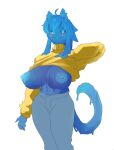2025 5_fingers anthro big_breasts blue_eyes blue_hair bottomwear breasts clothing corablue digital_media_(artwork) domestic_cat felid feline felis female fingers goo_creature hair hi_res looking_at_viewer mammal nipples pants presenting presenting_breasts simple_background smile solo sweater tail topwear white_background yellow_clothing yellow_sweater yellow_topwear