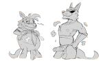 2026 accessory anthro balls belly big_balls biped blush boss_(twende) bunnbnui canid canine canis clothed clothing clothing_lift duo erection genitals hi_res humanoid_genitalia humanoid_hands humanoid_penis hyena male mammal necktie nipples penis shirt shirt_lift simple_background slightly_chubby standing topwear twende_(series) white_background wolf