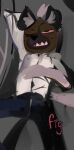 aggretsuko anthro big-fig black_bottomwear black_clothing black_ears black_pants bloodshot_eyes bottomwear brown_body brown_fur clothing colored facial_markings fur grey_background guide_lines haida_(aggretsuko) hand_behind_head hand_on_chest head_markings hyena inner_ear_fluff male mammal markings muzzle_(marking) pants sanrio shirt signature simple_background sitting sketch solo substance_intoxication topwear tuft unfinished white_clothing white_inner_ear_fluff white_shirt white_topwear