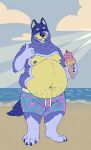 2026 anthro areola australian_cattle_dog bandit_heeler barefoot beach belly belly_overhang big_belly big_moobs bluey_(series) canid canine canis cattledog cherry claws clothed clothing cloud day dessert domestic_dog evilpumpkinhead eyebrows eyes_closed feet food front_view fruit fur gesture hand_gesture herding_dog hi_res holding_food holding_object ice_cream ice_cream_cone love_handles male mammal moobs navel nipples obese obese_anthro obese_male outside overweight overweight_anthro overweight_male pastoral_dog plant plantigrade sand seaside sky smile solo sprinkles standing summer sun swimming_trunks swimwear teeth thumbs_up toothy_grin topless topless_anthro topless_male tuft water