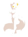 3:4 absurd_res anthro big_breasts breasts crotch_tuft domestic_ferret featureless_breasts featureless_crotch female fluffy fur hands_behind_head hi_res hip_tuft mammal mangodaiz mustelid musteline negative_space nude nude_anthro one_eye_closed raised_arm restricted_palette shadow simple_background solo true_musteline tuft weasel white_body white_fur wink yellow_eyes