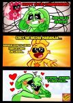 anthro avian bear bird blush bobby_bearhug chicken comic female galliform green_body heart_symbol hi_res hoppy_hopscotch kickinchicken lagomorph leporid male mammal mob_entertainment phasianid poppy_playtime rabbit red_body rocketlennon smiling_critters solo spanish_text text thinking translated yellow_body