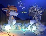 anthro bathing bathing_together bloodline_(webcomic) canid canine dialogue duo english_text female fox glare grey_fox hi_res hot_spring hyena mammal night sil_(bloodline) steam text towel towel_only urocyon vivian_(bloodline) w0lfmare water