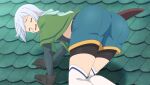  1girl all_fours anime_coloring ass ass_focus belt bike_shorts bike_shorts_under_shorts black_belt black_shirt blue_scarf blue_shorts brown_gloves capelet chris_(konosuba) closed_eyes crop_top denim denim_shorts diamond_earrings earrings feet_out_of_frame from_behind game_asset gloves gloves_over_elbow_gloves green_capelet grey_hair highres jewelry kono_subarashii_sekai_ni_shukufuku_wo! kono_subarashii_sekai_ni_shukufuku_wo!_kono_yokubukai_game_ni_shinpan_o! non-web_source official_art open_mouth raised_inner_eyebrows scar scar_on_cheek scar_on_face scarf self-datamine sheath shirt short_hair short_shorts shorts side_ahoge single_earring solo sweatdrop thighhighs tile_roof wavy_mouth white_thighhighs 