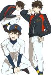  1boy baseball_cap blue_socks brown_eyes brown_hair closed_mouth daiya_no_ace full_body grey_background hand_on_own_hip hat highres jacket male_focus multiple_views pants pants_tucked_in sa_mon sawamura_eijun short_hair simple_background sitting socks squatting track_jacket v white_pants 