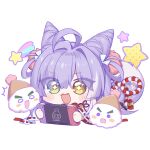  +_+ 1girl :d ^^^ blush_stickers brown_eyes chibi chobi_(penguin_paradise) commentary cone_hair_bun eyes_visible_through_hair fang grey_eyes grey_hair hair_between_eyes hair_bun hair_intakes heterochromia highres holding inari_(tenko_shibuki) long_sleeves lying nintendo_switch on_stomach ribbon-trimmed_sleeves ribbon_trim simple_background smile solo star_(symbol) stellive tail tenko_shibuki virtual_youtuber white_background wide_sleeves 