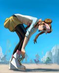  1girl absurdres bent_over blue_eyes brown_hair city cityscape commentary crowd highres palm_tree pantyhose pedrolucas0o0 pokemon pokemon_black_2_and_white_2 purrloin rosa_(pokemon) shoes skirt snivy tree tying_footwear visor_cap white_shoes yellow_skirt 