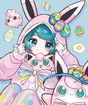  1girl :d animal_hood blue_background blush bow bowtie closed_mouth commentary easter_egg egg feet_out_of_frame green_eyes green_hair hood hood_up hoodie igglybuff jigglypuff long_sleeves necoyu_(yuyudomino) open_mouth pink_hoodie pokemon pokemon_(creature) pokemon_unite short_hair simple_background sitting smile striped_bow striped_bowtie striped_clothes swept_bangs white_bow white_bowtie wigglytuff wigglytuff_(pastel) 