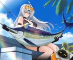  1girl absurdres ahoge animal bangboo_(zenless_zone_zero) belt bikini black_bikini black_gloves blue_sky breasts commentary day earrings eyewear_on_head feet_out_of_frame fish floating_hair gloves hair_ornament hairclip highres holding holding_animal holding_fish jewelry large_breasts long_hair muramasa_dash orange-tinted_eyewear outdoors single_hair_intake sitting sky smile solo swimsuit swordfish thigh_belt thigh_strap tinted_eyewear twitter_username white_hair yellow_eyes yixuan_(zenless_zone_zero) zenless_zone_zero 