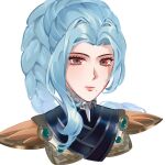 1girl armor blue_hair braid braided_ponytail brown_eyes close-up closed_mouth commentary commentary_request cropped_torso expressionless fire_emblem fire_emblem:_fortune's_weave highres irithyll8157351 long_hair looking_at_viewer mole mole_under_mouth portrait simple_background solo ursula_(fire_emblem:_fortune's_weave) white_background 