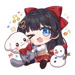  >_o 1girl :d ;d beamed_sixteenth_notes black_hair black_thighhighs blue_eyes blush_stickers bow braid brown_shoes chibi chobi_(penguin_paradise) collared_shirt commentary eighth_note haedungi_(shirayuki_hina) hair_bow hair_ornament heart heart_hair_ornament highres long_hair long_sleeves musical_note one_eye_closed plaid_clothes plaid_skirt pleated_skirt red_bow red_skirt shirayuki_hina shirt shoe_soles shoes simple_background sitting skirt smile snowman solo stellive sweater_vest thighhighs very_long_hair virtual_youtuber white_background white_shirt 