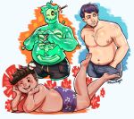  3boys asymmetrical_hair bags_under_eyes barefoot belly black_sclera black_shorts blue_pants blush bone boxers brown_hair chef_hat closed_mouth colored_sclera colored_skin commentary danganronpa_(series) danganronpa_2:_goodbye_despair doug_(monster_prom) english_commentary fat fat_man four-finger_heart_hands green_skin hanamura_teruteru hands_in_pockets hat heart heart_hands highres kurokuppo looking_at_viewer looking_to_the_side lying male_focus male_underwear mini_chef_hat mini_hat monster_boy monster_prom multiple_boys neckerchief object_through_head on_stomach one_eye_closed pants plump purple_hair purple_male_underwear red_neckerchief shane_(stardew_valley) short_hair short_shorts shorts sidecut slime_boy smile stardew_valley sword_in_head the_pose undercut underwear yellow_eyes 