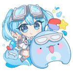  1girl arahashi_tabi blue_bow blue_eyes blue_hair blush_stickers boots bow chibi chobi_(penguin_paradise) closed_mouth collared_shirt commentary dress_shirt goggles goggles_on_head grey_skirt highres jacket long_hair long_sleeves magnet open_clothes open_jacket pleated_skirt puffy_long_sleeves puffy_sleeves pungdangi_(arahashi_tabi) shirt simple_background skirt smile solo star_(symbol) stellive twintails v virtual_youtuber white_background white_boots white_jacket white_shirt 