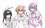  3girls artist_name black_hair bow breasts claw_pose closed_mouth commentary_request fang hair_bow hair_over_one_eye hand_on_own_hip hands_up height_difference highres kuguri_kaya long_hair magical_girl mahou_shoujo_ni_akogarete medium_hair mukubayashi_mizuki multiple_girls pink_hair puffy_sleeves purple_hair rpghunter signature simple_background skin_fang small_breasts smile two_side_up unfinished white_background yowa_yowa_sensei yukishita_yuki 
